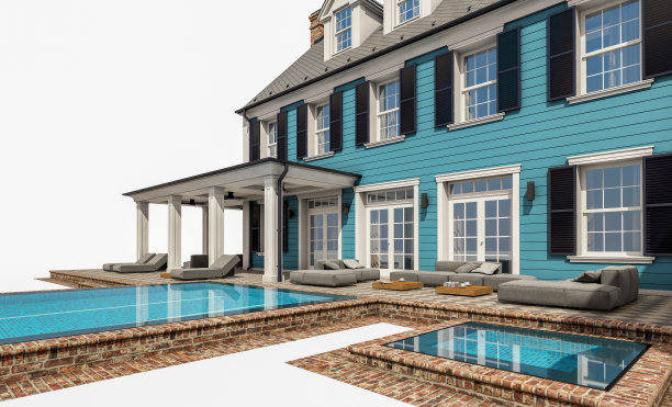 殖民风格的现代古典住宅的3d渲染，孤立在白色上图片下载