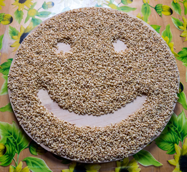 用麦粒做成的笑脸摆在桌上。情感。图片下载