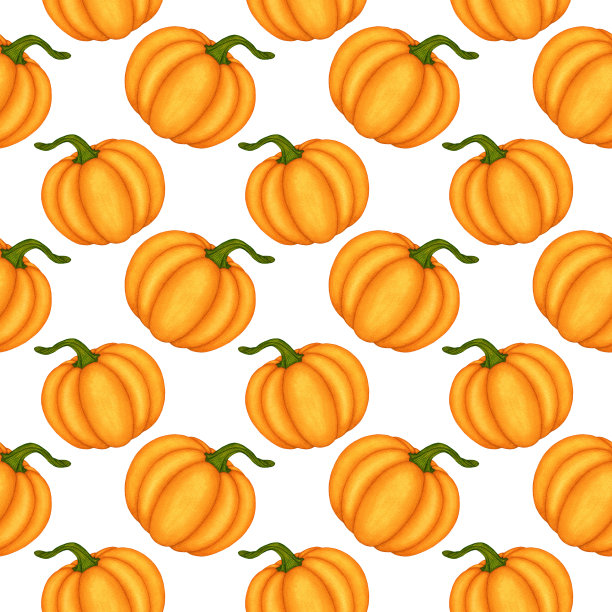 卡通水彩橙色南瓜无缝图案。象征秋天的季节，收获。手绘元素上的白色背景图片下载
