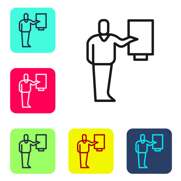 黑线博物馆指南图标孤立在白色背景上。设置图标的颜色方形按钮。向量图片下载