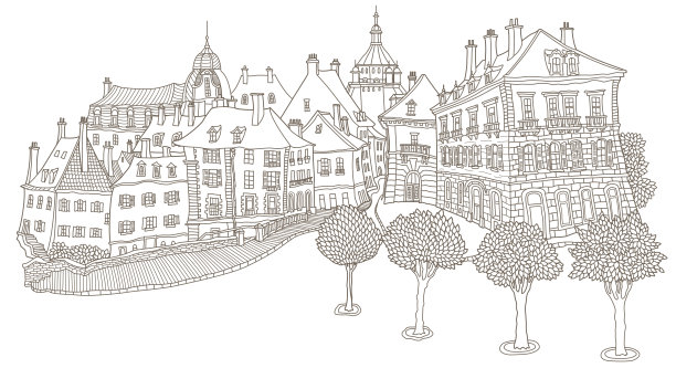 矢量梦幻的欧洲城市景观与中世纪老城区的城堡房屋，童话般的建筑，铺就的街道。手绘棕色和白色涂鸦素描背景。t恤印花，旅游手册封面图片下载