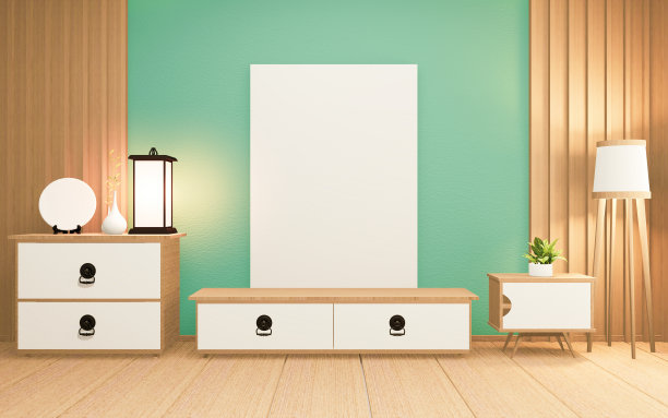 日本客厅的橱柜以白墙为背景，3d渲染图片下载