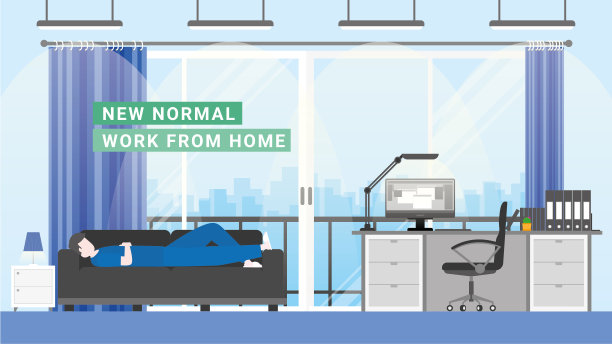 covid-19冠状病毒大流行后的新常态生活方式是在家工作。一个男人在他公寓的沙发上打盹。平面风格设计理念图片下载