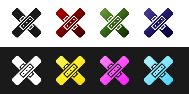 设置交叉绷带石膏图标隔离在黑色和白色的背景。医用石膏、胶粘绷带、弹性织物绷带。矢量图图片下载