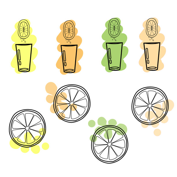 一套四杯不同颜色的柑橘汁，水果片涂上飞溅，柑橘类水果图片下载