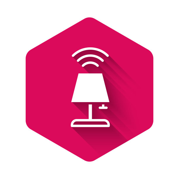 白色智能台灯系统图标孤立有长长的阴影。物联网概念与无线连接。粉色六角形按钮。向量图片下载
