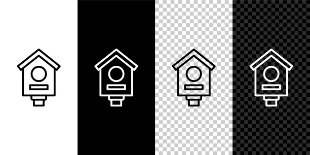 设置线鸟屋图标孤立在黑白背景上。巢箱鸟舍，为鸟类自制的建筑。向量图片下载