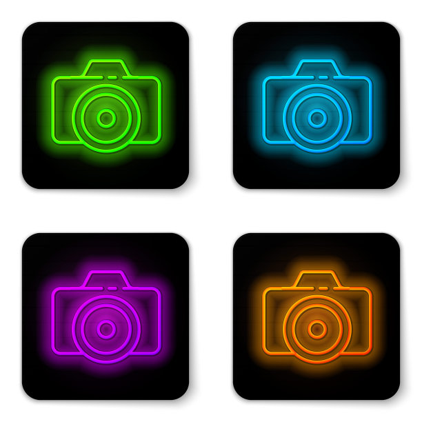 发光的霓虹灯线照片相机图标孤立在白色背景。与相机图标。黑色方形按钮。矢量图图片下载