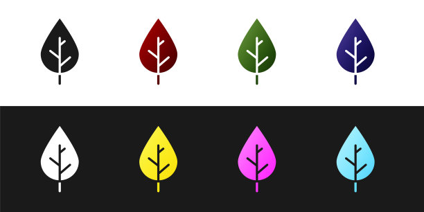 设置叶图标隔离在黑色和白色背景。新鲜天然的产品标志。向量图片下载