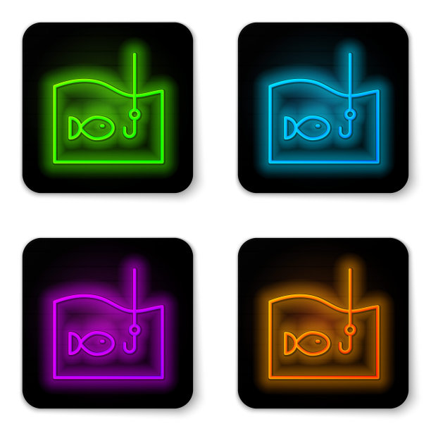 发光的霓虹灯线钓鱼钩在水下与鱼的图标孤立在白色的背景。渔具。黑色方形按钮。向量图片下载