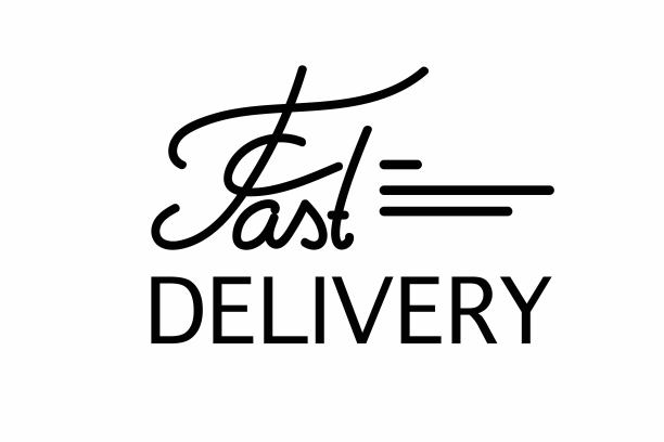 快速交付印刷题字。航运向量模板。快的速度移动。动态的标志。在线服务，快速交付。适用于商店、超市、网站、海报、咖啡馆。图片下载