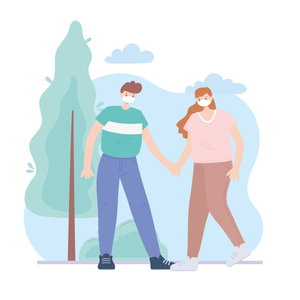 戴着医用口罩的人们、公园里牵手的情侣、新冠肺炎期间的城市活动图片下载