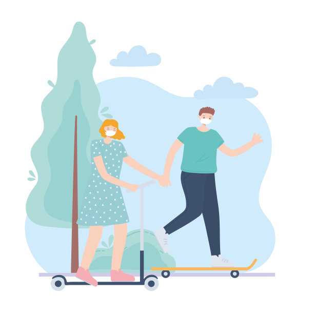 戴着医用口罩的人们，在公园里骑滑板车和溜冰的夫妇，在新冠肺炎期间的城市活动图片下载