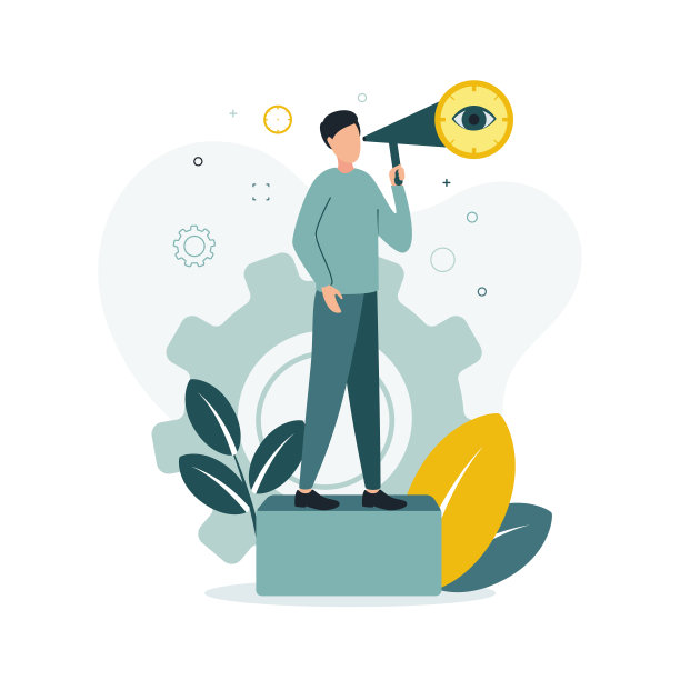 一个男人站在台阶上，通过他手里拿着的望远镜，在齿轮的背景下，矢量插图离开了图片下载