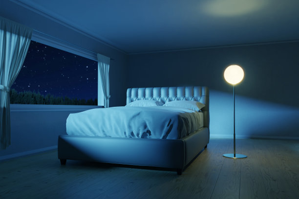 卧室的3d渲染与优雅的床旁边点亮的灯图片下载