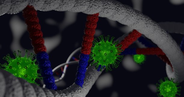 3 d演示。冠状病毒疾病和DNA细胞。图片下载