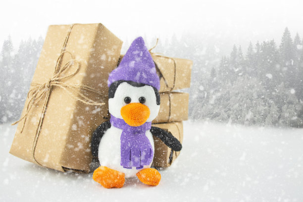 企鹅与礼物在一个冬季背景与拷贝空间。圣诞节的背景。新年贺卡。横幅。图片下载