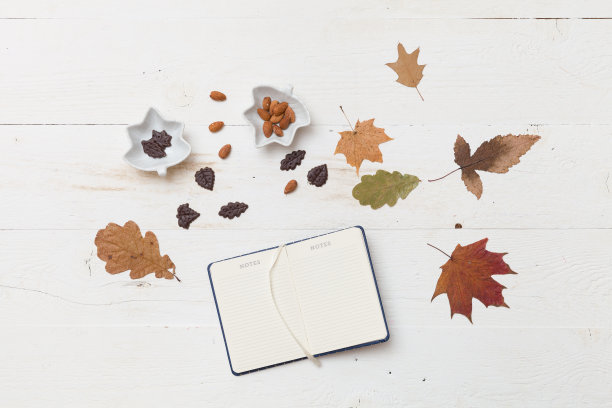 俯视图秋季背景:树叶，巧克力，坚果木制白板。图片下载