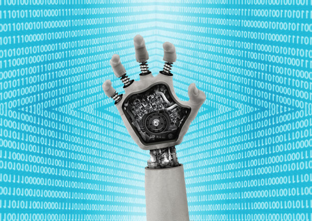 特写手打开半机械人与齿轮暴露，背景虚拟环境图片下载