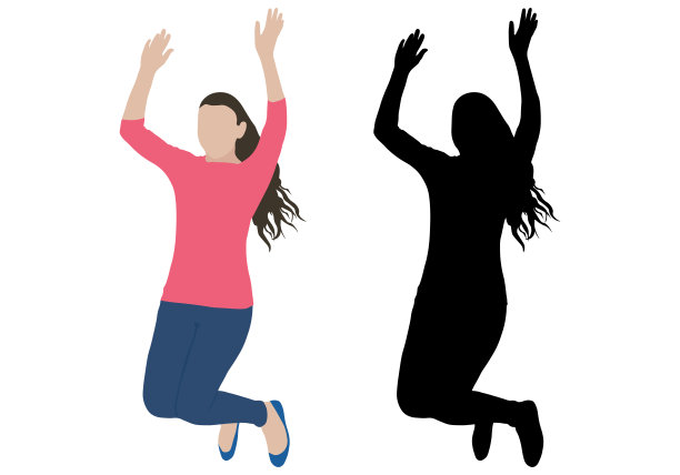 蹦蹦跳跳的女孩喜欢音乐会、体育比赛等。颜色和黑色剪影。矢量插图。图片下载