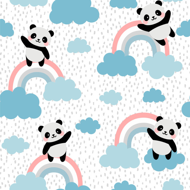 熊猫无缝图案背景，快乐可爱的熊猫在云和星星之间的天空飞行图片下载