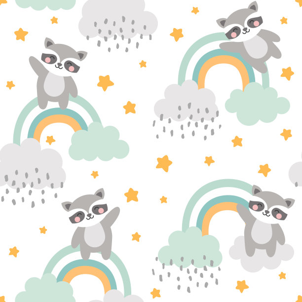 浣熊无缝图案背景，快乐可爱的浣熊在云和星星之间的天空飞行图片下载