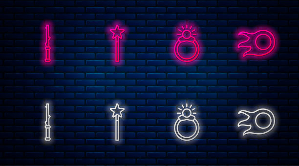 套线魔术棒，宝石戒指，和火球。砖墙上发光的霓虹灯图标。向量图片下载