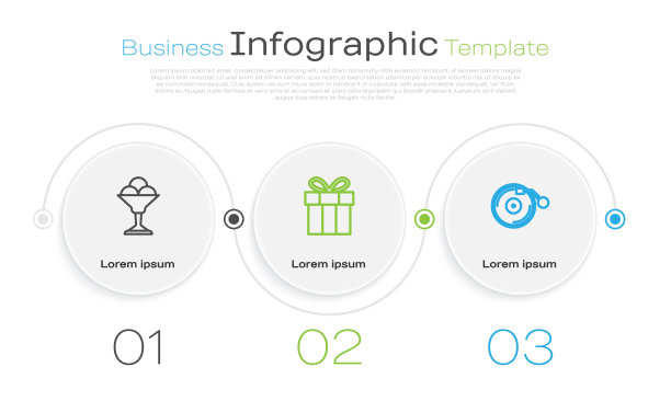 摆线冰淇淋碗，礼盒和唱片播放器。业务信息模板。向量图片下载
