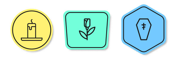 点燃的蜡烛，玫瑰和十字架的棺材。颜色的形状。向量图片下载