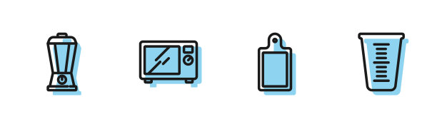 设置线切割板，搅拌器，微波炉和量杯图标。向量图片下载