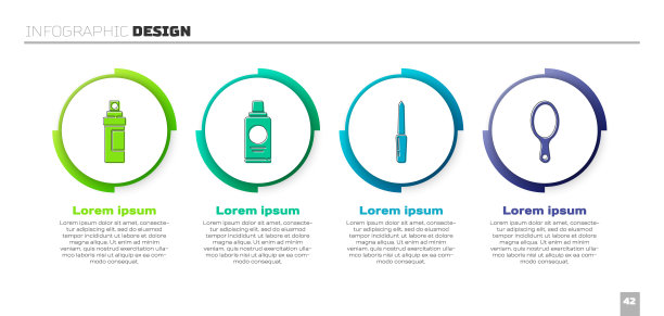 设置香水，洗发水，指甲锉和手镜。业务信息图模板。向量图片下载