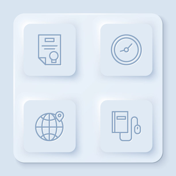 设置行证书模板，时钟，全球位置和电子图书与鼠标。白色正方形按钮。向量图片下载