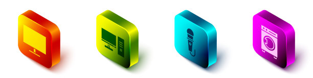 设置等距计算机显示器屏幕，计算机显示器，麦克风和垫圈图标。向量图片下载