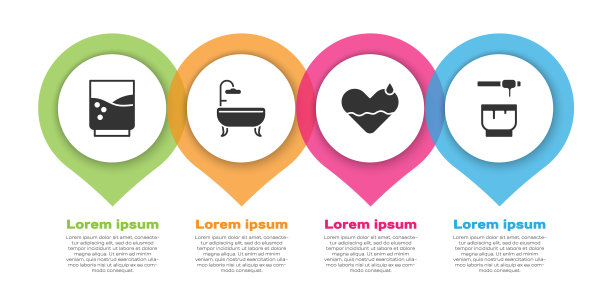 将玻璃杯与水，浴缸，心脏治疗和蜂蜜勺棒和碗。业务信息图模板。向量图片下载