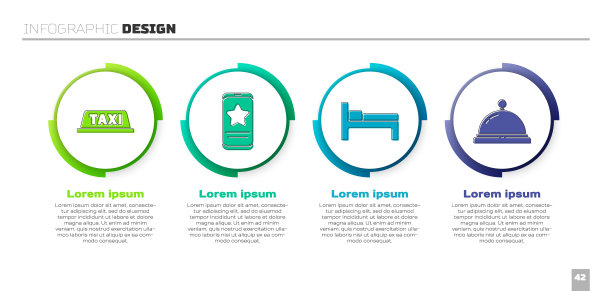 设置出租车车顶，移动与评论评级，床和酒店服务钟。业务信息模板。向量图片下载