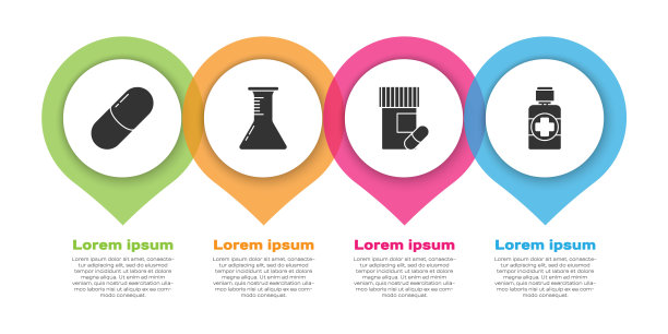 设置药瓶或药片，试管和烧瓶，药瓶和药丸和瓶药糖浆。业务信息图模板。向量图片下载