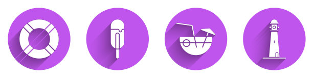 设置救生圈，冰淇淋，椰子鸡尾酒和灯塔图标与长阴影。向量图片下载