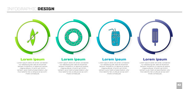 设置皮艇或独木舟和桨，橡胶游泳圈，鸡尾酒和酒精饮料和冰淇淋。业务信息模板。向量图片下载