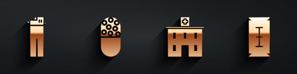 设置打火机，药丸或药片，医疗医院建筑和刀片剃须刀图标与长影子。向量图片下载