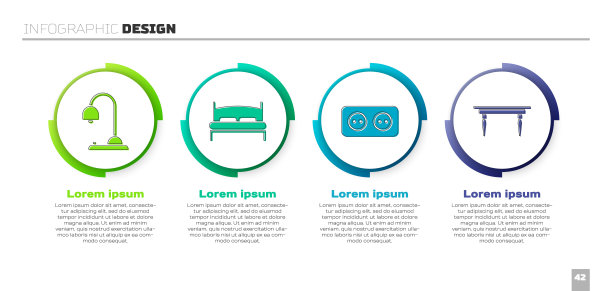 设置台灯，大床，电源插座和木桌。业务信息图模板。向量图片下载
