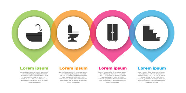 设有盥洗盆水龙头，抽水马桶，衣柜和楼梯。业务信息模板。向量图片下载