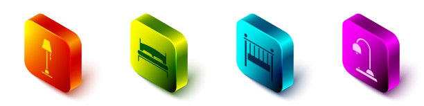 设置等距落地灯，大床，婴儿床摇篮床和台灯图标。向量图片下载