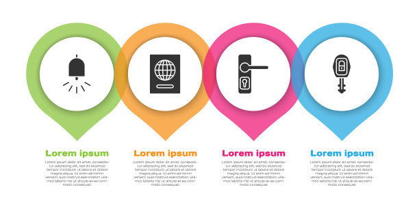 设置响铃，护照，门把手和汽车钥匙与遥控器。业务信息图模板。向量图片下载