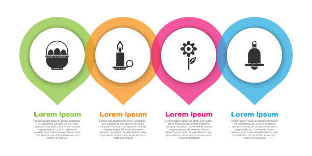 复活节彩蛋，蜡烛在烛台，花和响铃的篮子。业务信息图模板。向量图片下载