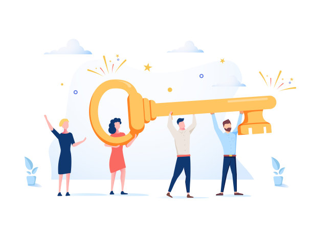 矢量插图的概念团队。商人和企业家拿着钥匙去开门。团队合作,关键图片下载