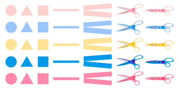 一套矢量卡通插图与不同类型的装饰边剪刀在白色的背景。图片下载