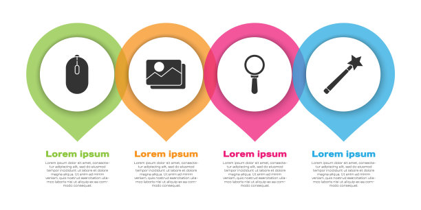 设置电脑鼠标，图片风景，放大镜和魔术棒。业务信息模板。向量图片下载