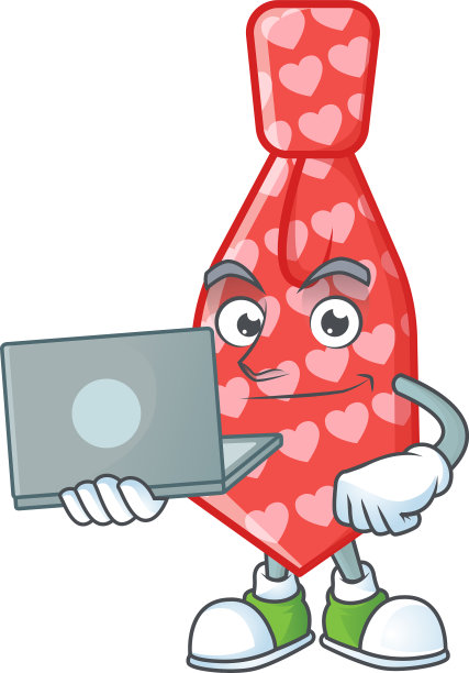 一个聪明的红色爱领带吉祥物与笔记本电脑图片下载