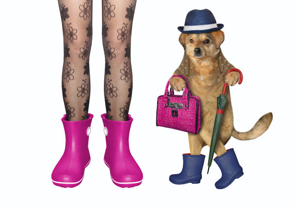 女孩2和狗穿着蓝色胶靴图片下载