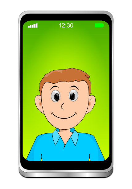 年轻男子与蓝色衬衫使用视频聊天智能手机- 3D插图图片下载